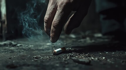 Extinguished Cigarette: A Dark and Gritty Image Depicting a Hand Putting Out a Cigarette on a Rough Surface, Leaving Behind Ashes and Smoke.