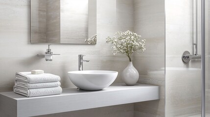 A sleek and modern minimalist bathroom design featuring light gray walls a small floating sink and a frameless mirror