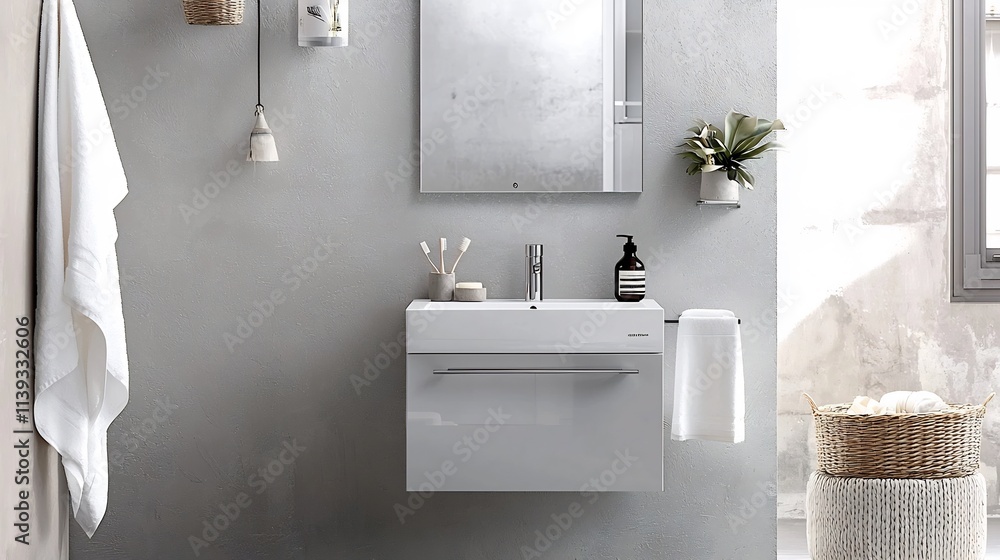 Aufkleber a compact minimalist bathroom featuring light gray walls a small floating sink and a frameless mirro