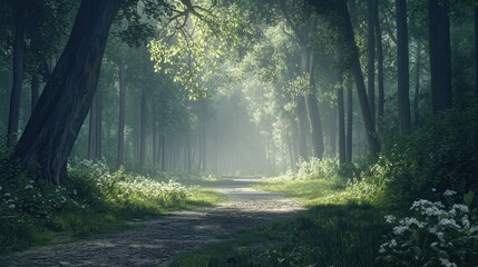 Obraz premium A serene pathway winds through a lush green forest, bathed in soft morning sunlight. Sunbeams filter through the tall trees, creating a peaceful atmosphere.
