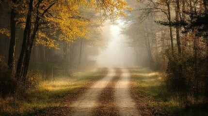 Obraz premium Mystical Autumn Path: A Serene Forest Road in Golden Mist