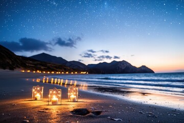 Obraz premium Gentle waves lapping star-shaped lanterns beach at night soft glow starlit sky for relaxation