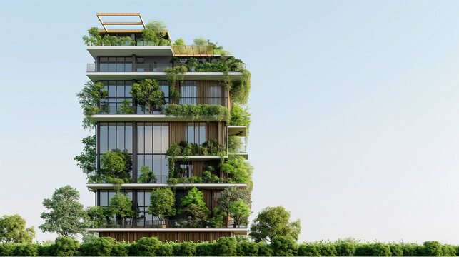 Half-constructed modern structure showcases sustainable architecture, blending seamlessly with surrounding greenery under a clear sky, embodying eco-friendly living principles