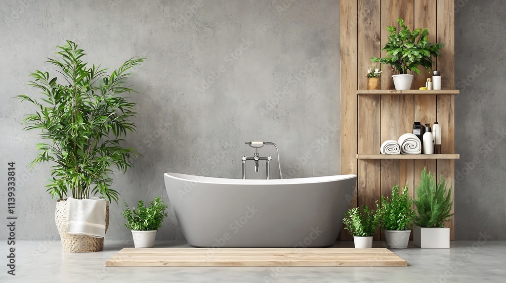 Poster a modern minimalist gray bathroom featuring a freestanding bathtub and warm wooden elements creating