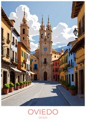 Oviedo Spain Retro Travel Poster Illustration Eco Friendly Wall Art Decor