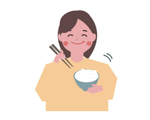 ご飯を美味しそうに食べる女性。茶碗、箸。ベクターイラスト