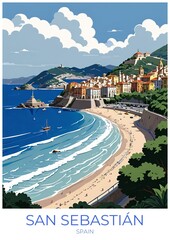 Naklejka premium San Sebastian Spain Retro Travel Poster Illustration Wall Art Decor Canvas Gift