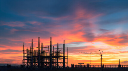 Fototapeta premium Silhouettes of skeletal building frameworks rise against a vibrant sunset sky, highlighting urban development and potential for transformation amid the changing landscape
