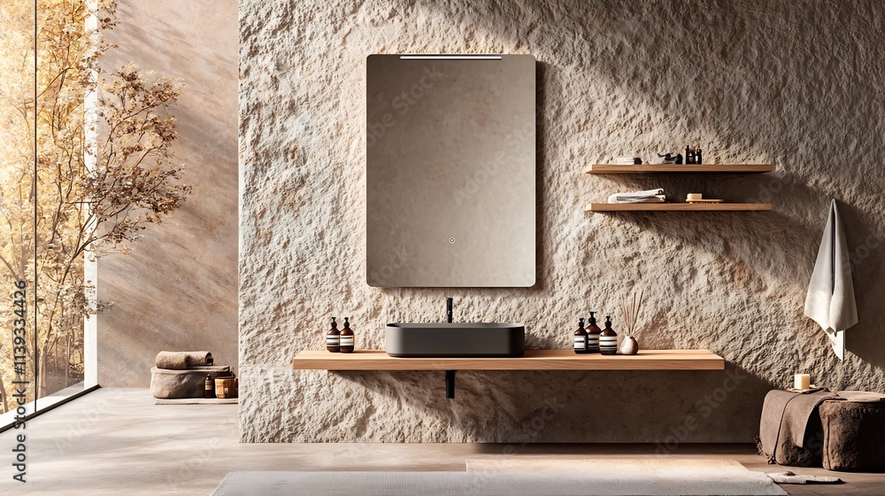 Poster a modern minimalist bathroom design featuring a stone textured wall a rectangular frameless mirror a