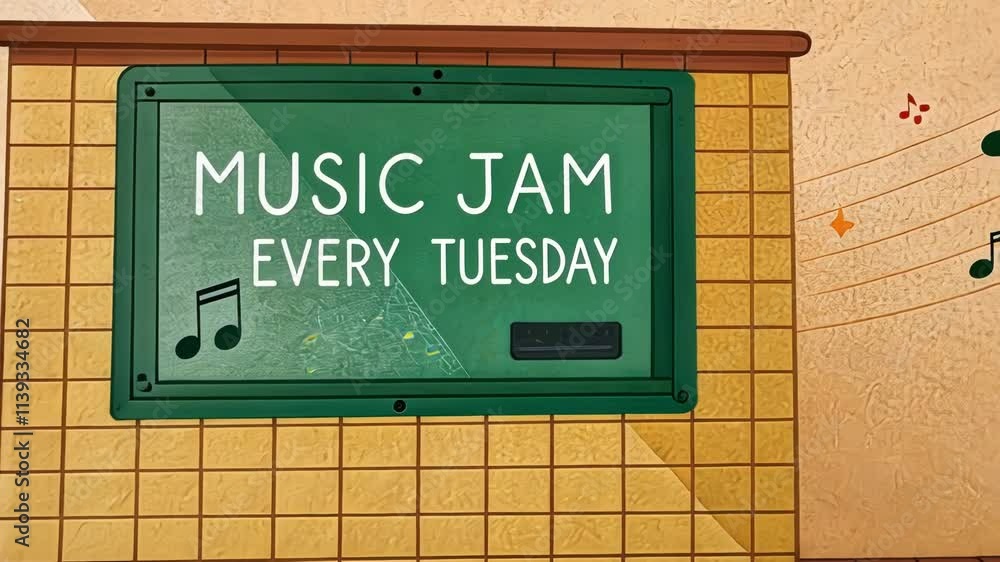 Aufkleber music jam session a light orange bulletin space with a small green box that displays music jam every