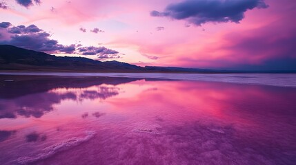 Fototapeta premium Vibrant pink salt lake with reflective waters and expansive mineral crystals under a clear blue sky