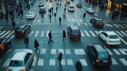 Obraz premium Twilight settles over a bustling city street filled with vehicles navigating through traffic. People in winter clothing walk on the sidewalks as city lights illuminate the scene.