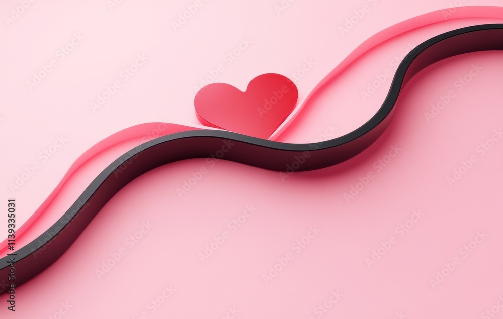 Poster a wavy ribbon intertwines with a heart shape, set against a soft pink background, creating a romanti
