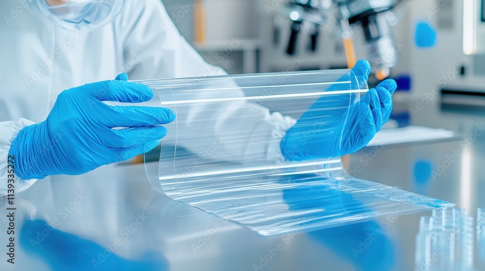Poster a lab technician in protective gear interacts with transparent lab materials, emphasizing precision 