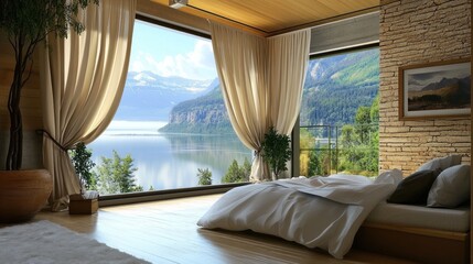 Fototapeta premium Serene Lakeside Bedroom with Breathtaking Mountain Views