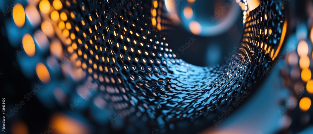 Poster a detailed close-up of a honeycomb mesh pattern illuminated by warm light, showcasing a dynamic inte