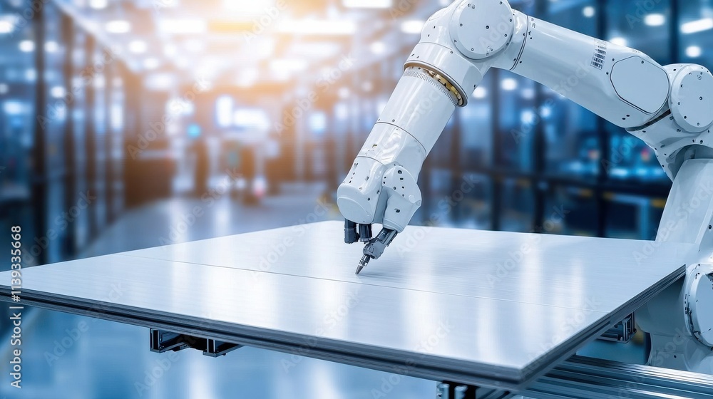 Poster a robotic arm is meticulously writing on a smooth surface in a modern, well-lit environment, showcas