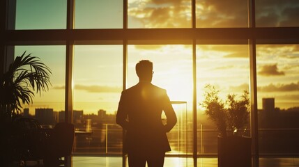 A businessman in a suit stands facing a large glass atrium inside a modern office building. The bright daylight illuminates the sleek architecture and openness of the space.