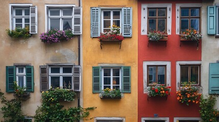 Vibrant Flower-Boxed Windows of a Colorful Austrian Building. AI Generated