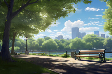 Obraz premium Urban Haven - A Serene Daytime View of Luscious Green Park With a Sparkling Lake