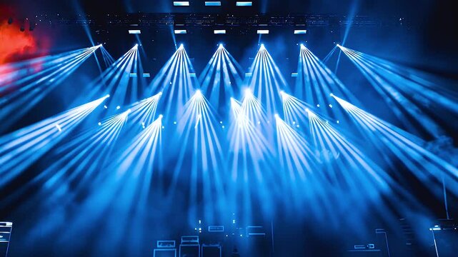 Vibrant blue light beams, bright stage lights in dark and smoke atmosphere