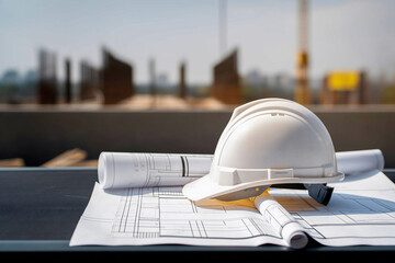 A hard hat is carefully placed on open architectural blueprints at a construction site. The project area is soft-focused in the background, offering ample space for notes or text