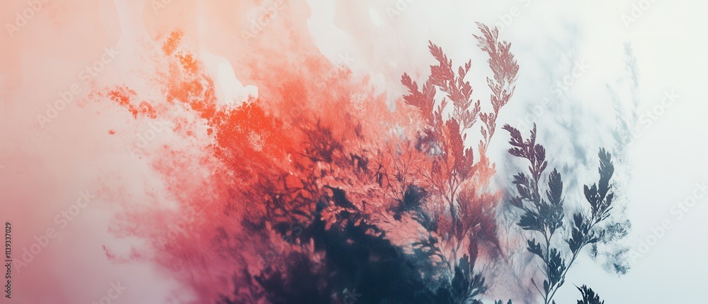 Aufkleber an artistic display of delicate leaves blends with vibrant shades of red and blue, creating an ether
