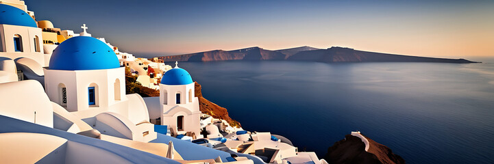 &ldquo;Santorini White Domes with Blue Sea Background&rdquo; &ndash; A breathtaking view of Santorini&rsquo;s whitewashed buildings with iconic blue domes overlooking a calm, azure sea under a solid clear sky.
