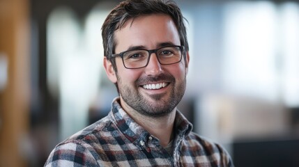 Fototapeta premium A man factory planner smiles while using predictive maintenance systems, celebrating the factory uninterrupted workflow