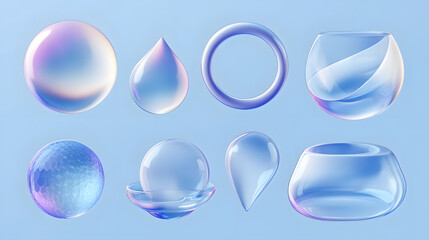 
3d futuristic gradient geometric shapes, including fluid bubbles, ring, sphere, cube, and cone. Isolated blue background.