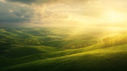 Fototapeta premium Golden Hour Serenity: Rolling Hills Landscape Photography. AI Generated