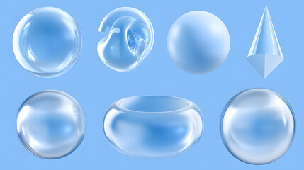 
3d futuristic gradient geometric shapes, including fluid bubbles, ring, sphere, cube, and cone. Isolated blue background.
