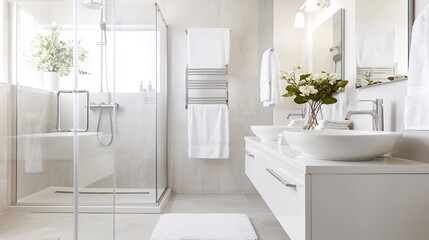 Fototapeta premium Serene and sophisticated bathroom with smooth white walls a freestanding mirror and a large walk in shower offering ample copyspace for your design or branding needs This modern