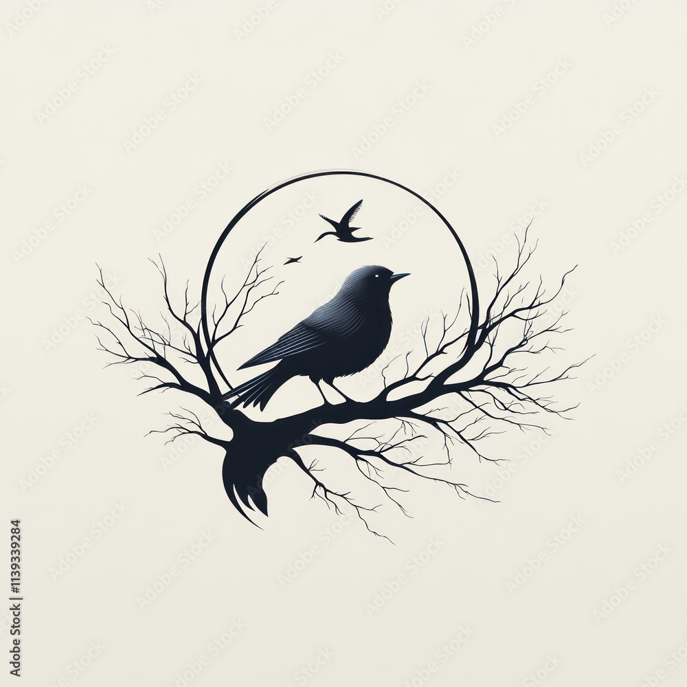 Aufkleber silhouette of a bird perched on a bare branch within a circular frame, another bird in flight.