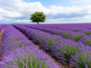 Fototapeta premium Lavender field blooming with a tree scenic landscape vibrant nature viewpoint