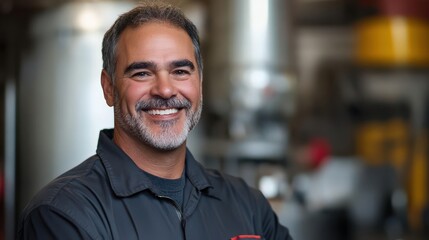 A man predictive maintenance expert smiles while using advanced tools to prevent equipment downtime, keeping factory operations smooth