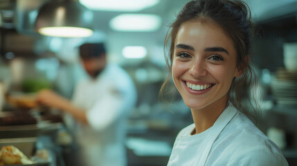 Smiling female chef in a bustling kitchen, Caucasian, young adult