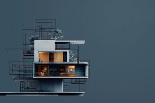 Visual representation of architectural design evolution, showcasing the transition from sketch to modern structure with artistic elements and ample space for technological narratives