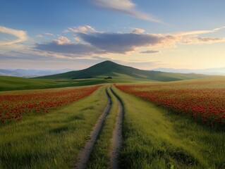 Fototapeta premium Serene sunset path through vibrant fields of poppies tuscany landscape