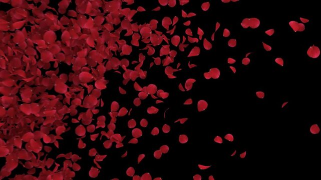 Red Rose Petals Transition on Alpha channel. 3D Rendering. Transition of red rose petal place on footage or background and easier to adjust colour.
