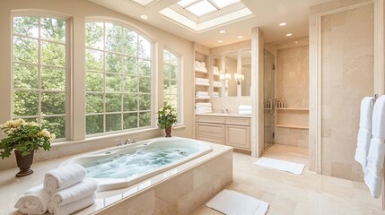 Fototapeta premium Breathtaking luxury bathroom interior design with a large skylight a jacuzzi style tub and soft beige tones creating a serene and rejuvenating space with ample room for copy or text overlay