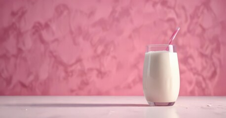 A full glass of cold milk against a pink backdrop ,  dairy,  pure,  white