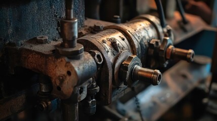 Close-up of industrial machinery components highlighting metal textures in a manufacturing facility
