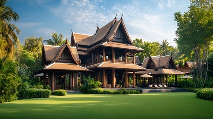 Fototapeta premium Majestic Thai Traditional House with Multiple Steep Roofs Wooden Pillars and Lush Green Lawn Offering Ample Copy Space in the Foreground and Scenic Sky Above