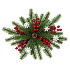 Christmas arrangement with pine branches, red berries, pinecone and snowflakes, on a white background, ideal for festive designs.
