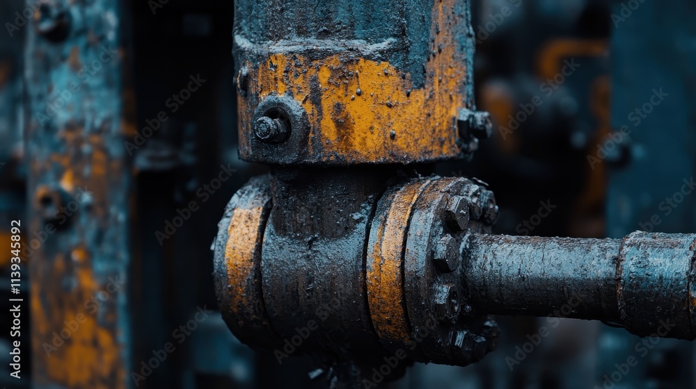 Poster close-up of industrial machinery showing rust and wear in a workshop setting during daytime
