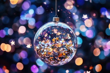 Fototapeta premium Captivating closeup of a transparent ornament filled with sequins and stars against a vibrant purple bokeh background