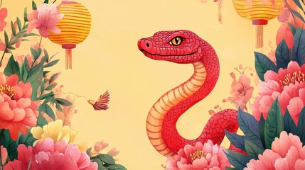 Fototapeta premium Chinese new year 2025 concept,Red snake flat lay top view, Happy Chinese new year with Red envelope and gold ingot,blessing, wealth on red background with copy space for your text.