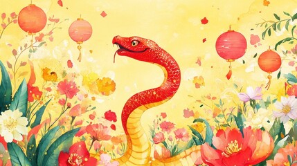 Obraz premium Chinese new year 2025 concept,Red snake flat lay top view, Happy Chinese new year with Red envelope and gold ingot,blessing, wealth on red background with copy space for your text.
