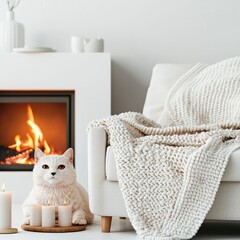 Cozy living room scene with a cat by a warm fireplace. Happy Sunday Life Concept.